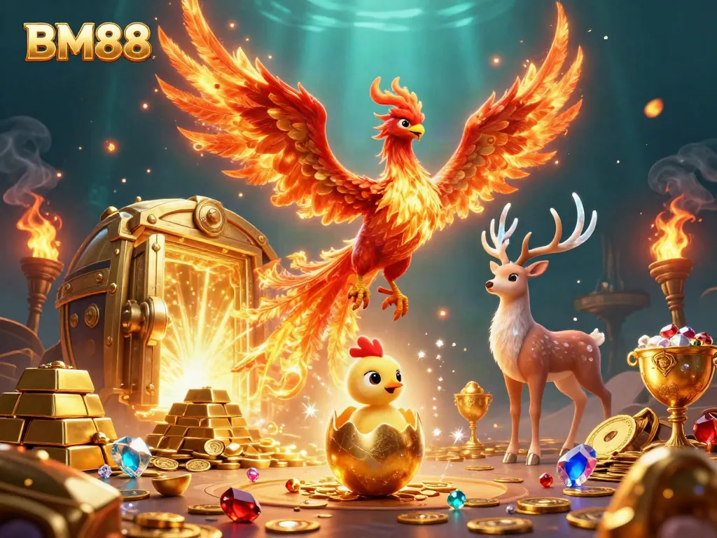 Experience the excitement of BM88 with a vibrant casino scene featuring phoenixes and treasure.