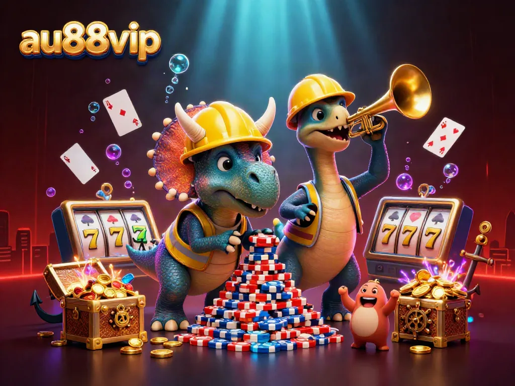 Celebrate wins at au88vip with a dynamic 3D illustration of triceratops building poker chip towers.