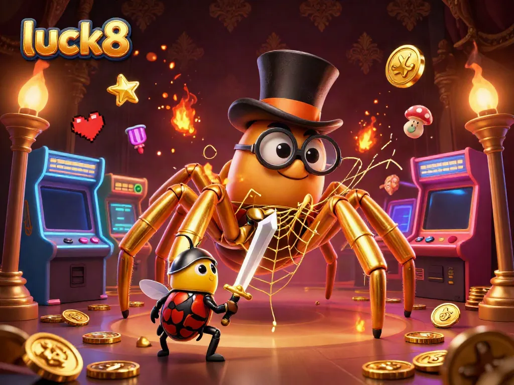 Experience the thrill of luck8 with a vibrant, colorful casino scene featuring a golden tarantula and beetle knight.