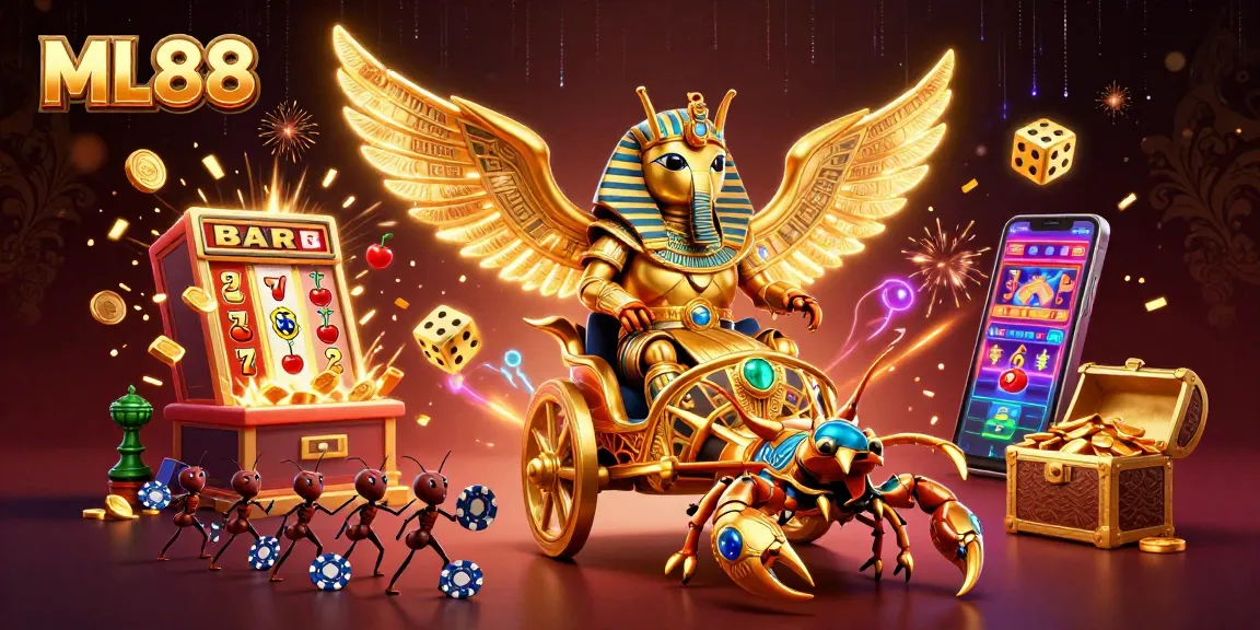Experience ML88's thrilling casino scene with a golden scarab and jackpot explosion
