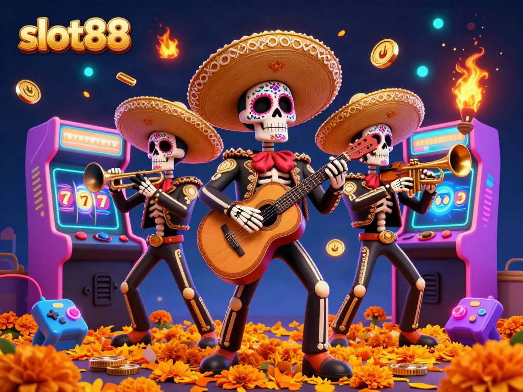 Engage with slot88's thrilling Dia de los Muertos-themed gaming experience featuring vibrant characters and neon game elements.