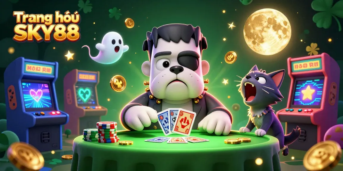 Engage with Trang chủ SKY88's vibrant casino scene featuring a Frankenstein bulldog dealing cards.