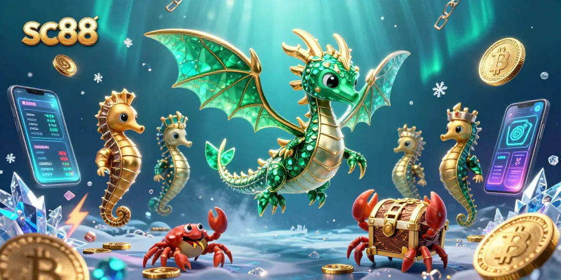 Experience thrilling gaming action with sc88's enchanting underwater scene, featuring a majestic sea dragon surrounded by crypto elements and treasure.