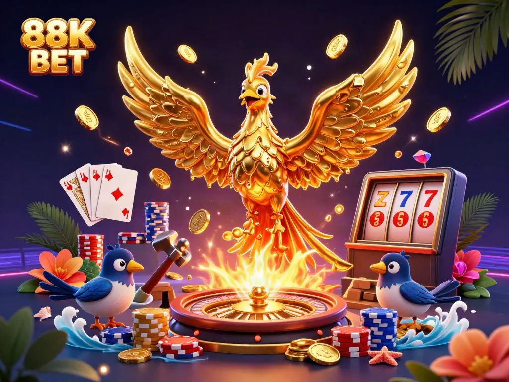Engage in the immersive world of 88K BET with a golden phoenix and exciting casino elements.