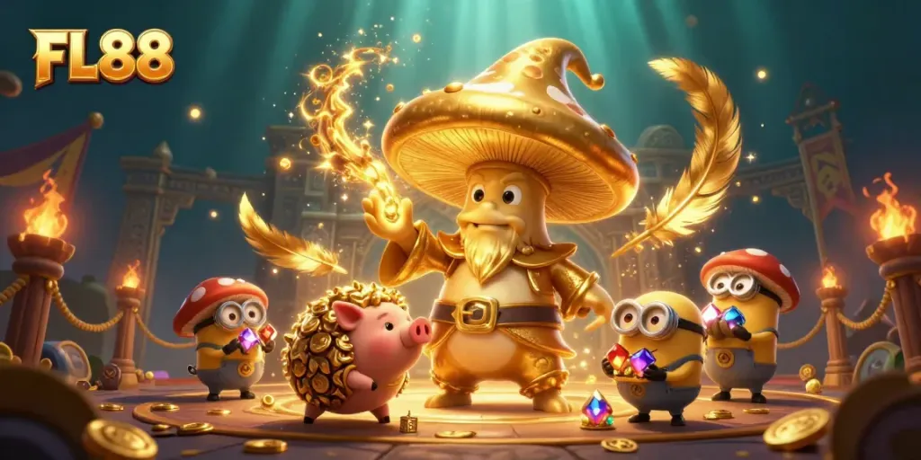 FL88 depicts a golden mushroom wizard casting magical gold in a vibrant casino scene with treasure.
