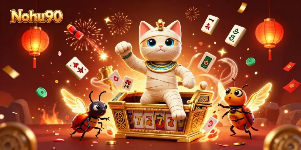 Nohu90 showcases a vibrant 3D illustration of a mummy cat and a scarab beetle amidst exploding slot reels in a dynamic casino