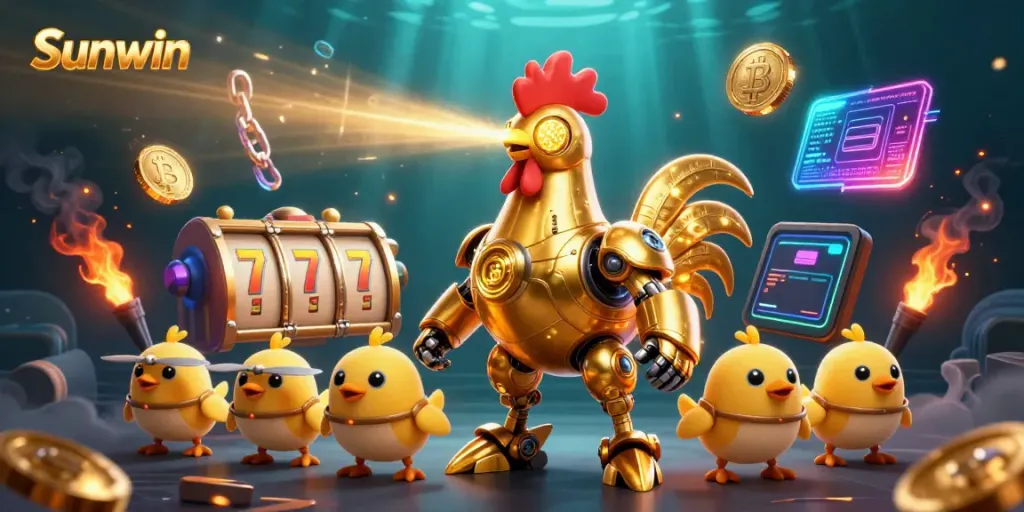 Engage with Sunwin's delightful gaming universe filled with lively golden rooster robots and vibrant slot symbols.