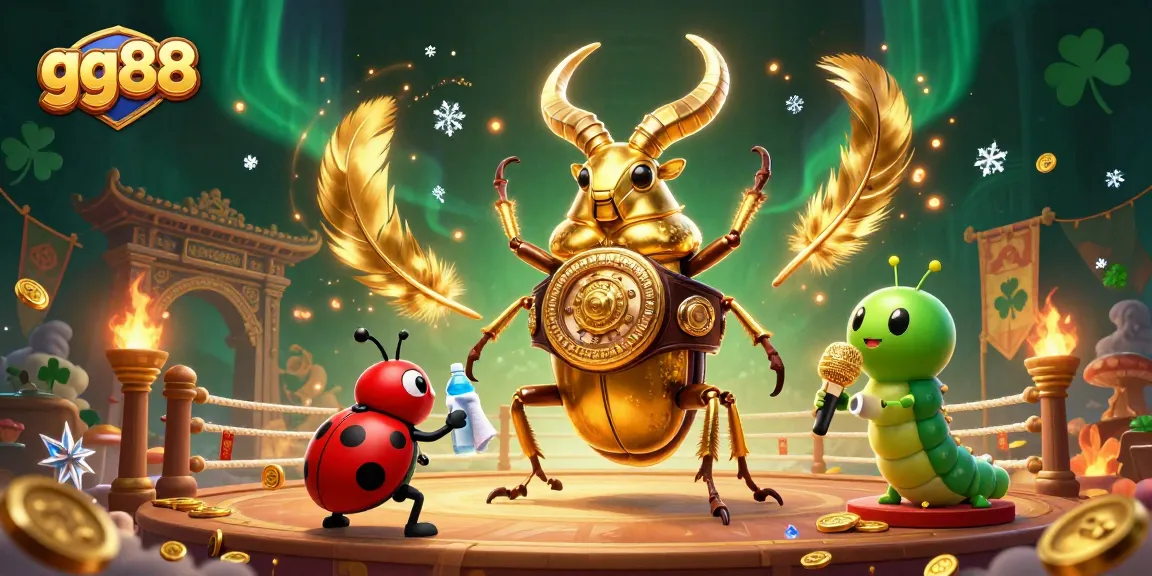Engage with gg88's vibrant casino scene featuring a golden stag beetle champion and dynamic gaming elements.