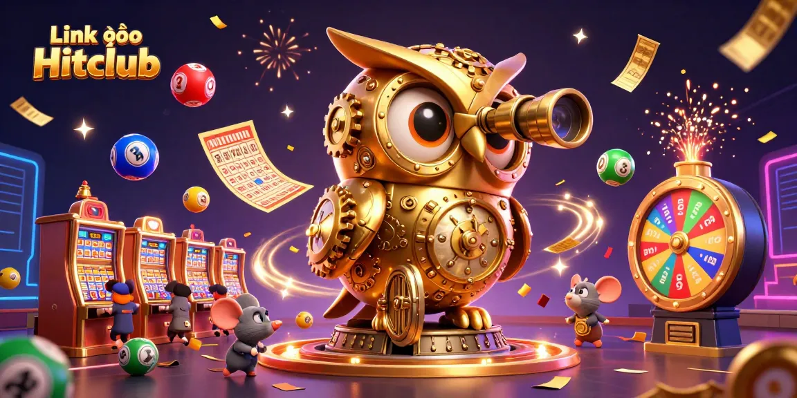 Engage with thrilling games at Link vào Hitclub, featuring animated characters in a vibrant casino scene.