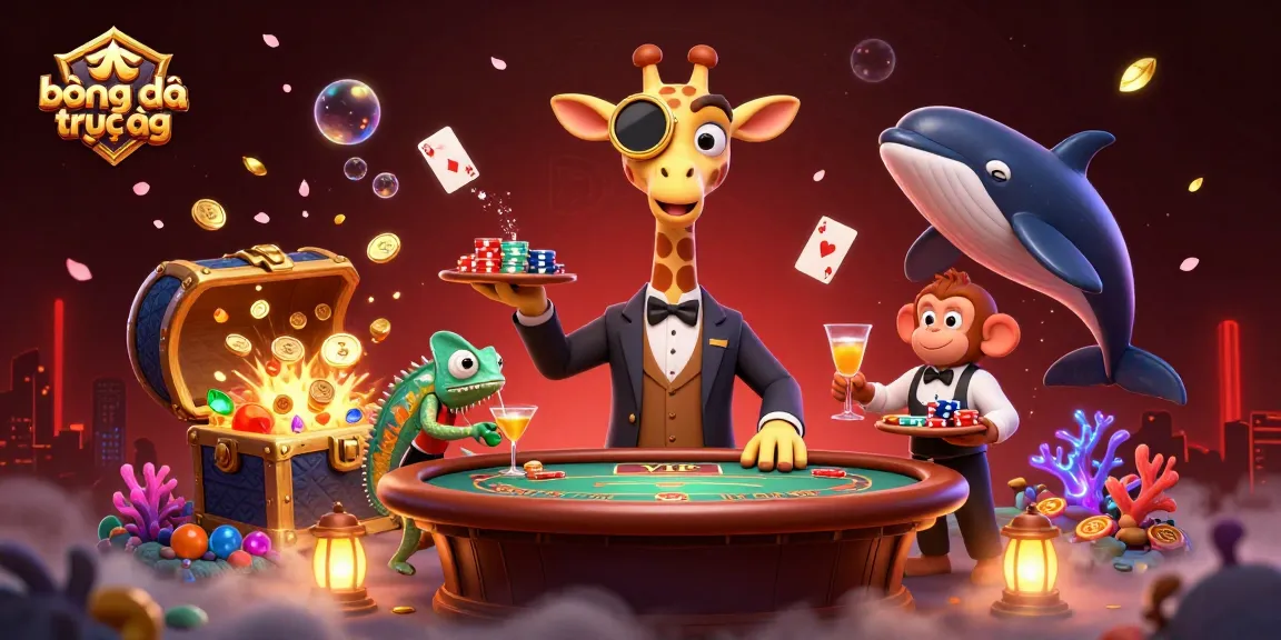 Experience bóng đá trực tiếp excitement as a giraffe high-roller and monkey valet engage in dynamic gambling at a vibrant poker table.