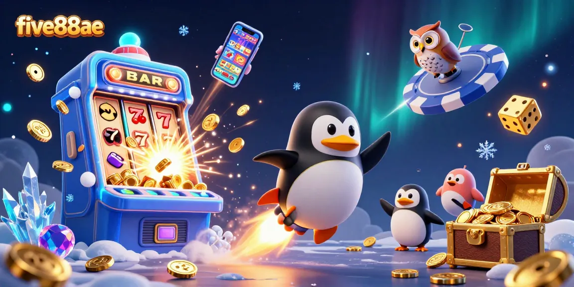 Experience the exhilarating world of five88ae with a captivating scene of a golden penguin amidst vibrant casino elements.