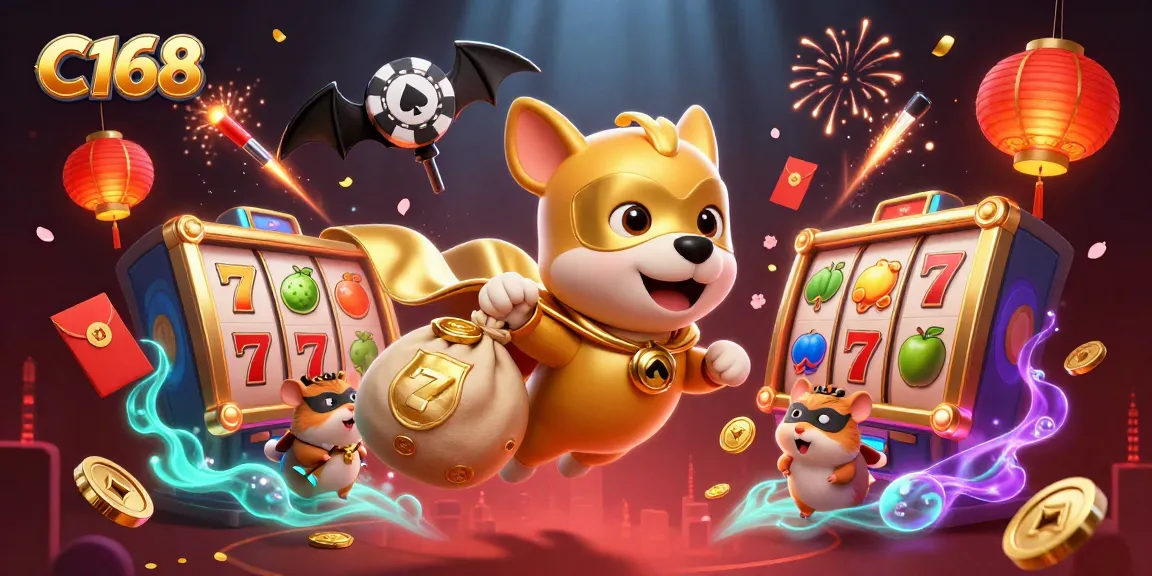 C168 casino illustration featuring superhero dog and sidekick with slot reels and dynamic elements.