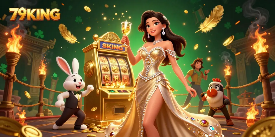 Win big with 79KING in this vibrant casino scene, showcasing golden jackpots and 3D characters.