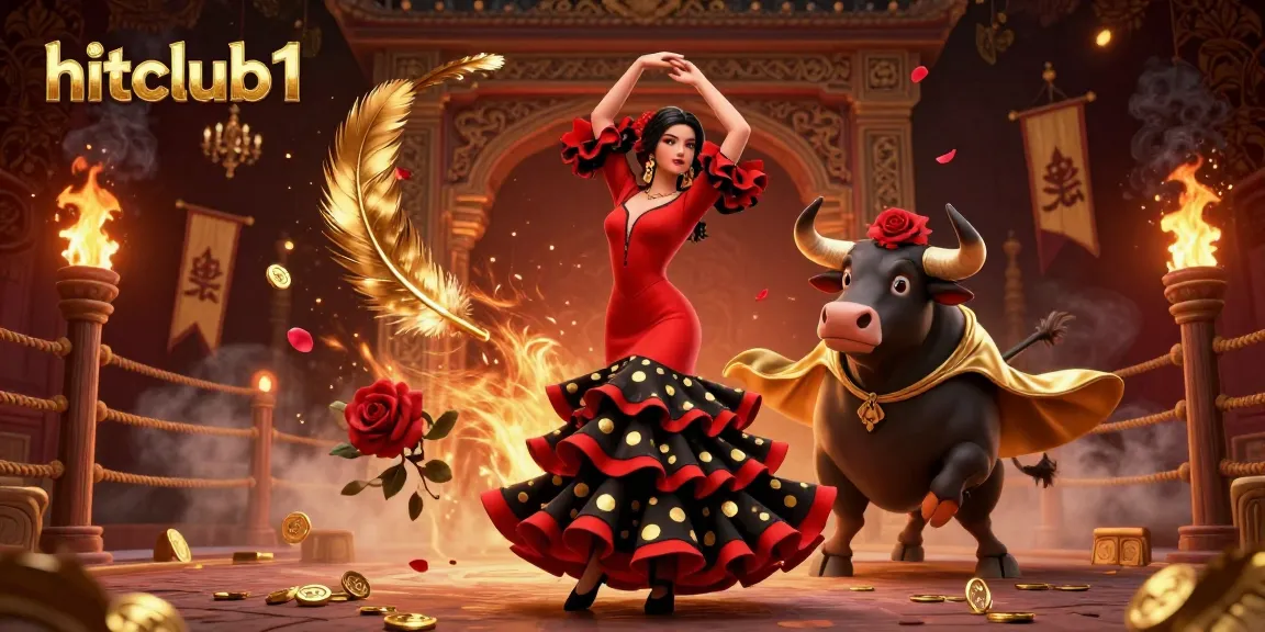 Experience the excitement of gaming with hitclub1 featuring a dramatic flamenco dancer and a bull in a vibrant casino atmosphere.