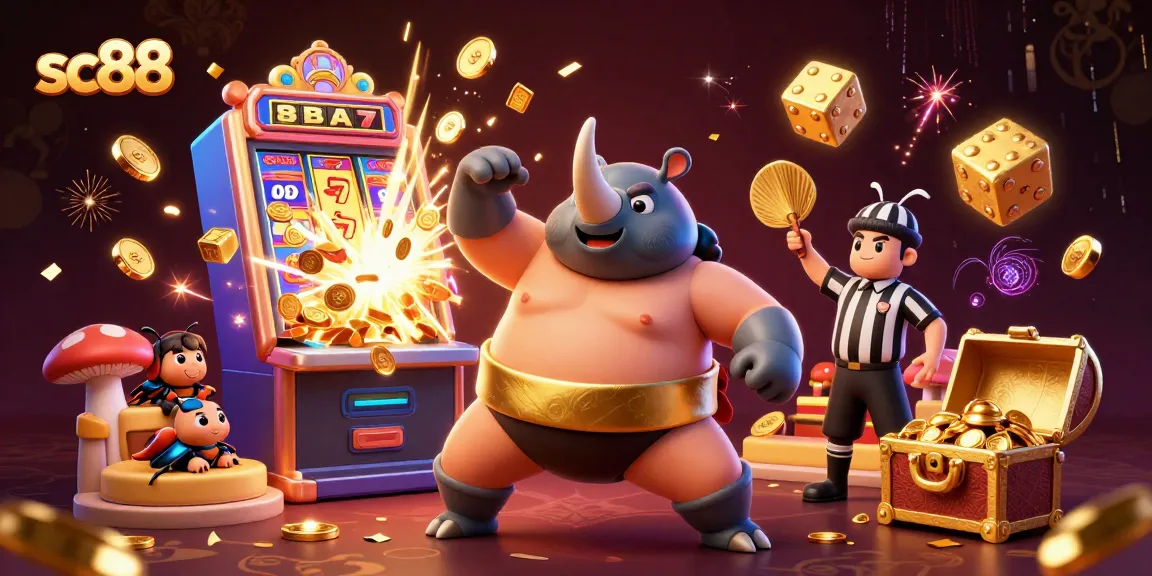 Join the excitement at sc88 with a vibrant casino scene featuring a powerful beetle champion and thrilling slot machine action.
