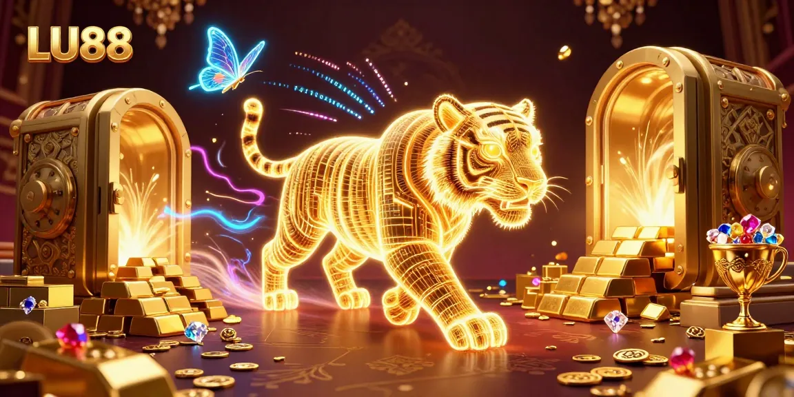 LU88 players enjoying a vibrant digital casino landscape filled with treasures and neon energy.