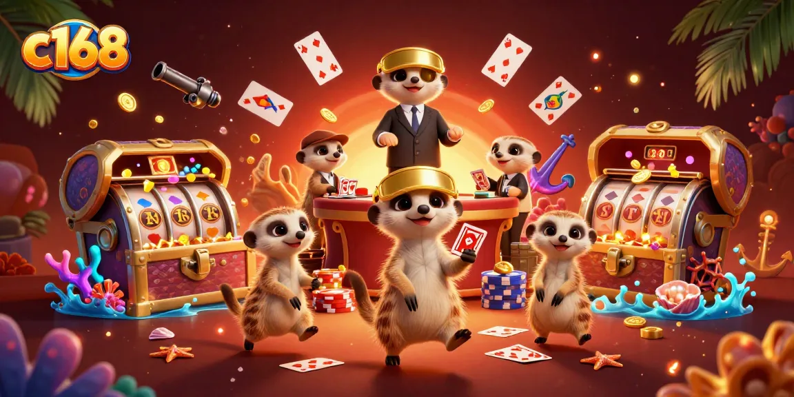 Experience c168's vibrant gambling world with meerkats managing games and jackpots.