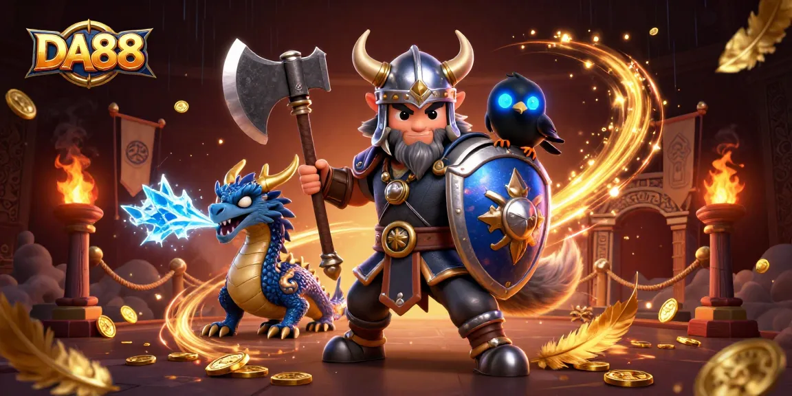 Engage in thrilling gambling adventures with the DA88 Viking wolf warrior and dragon in a rich casino.