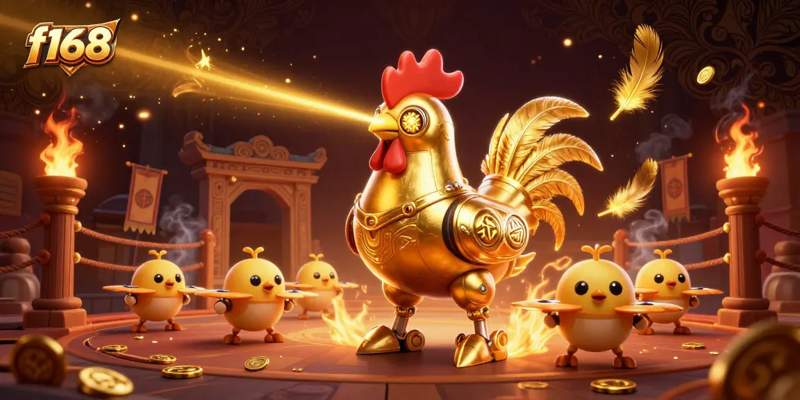 Experience thrilling action at f168 with adorable golden rooster robot and baby chick drones in an immersive gambling arena.
