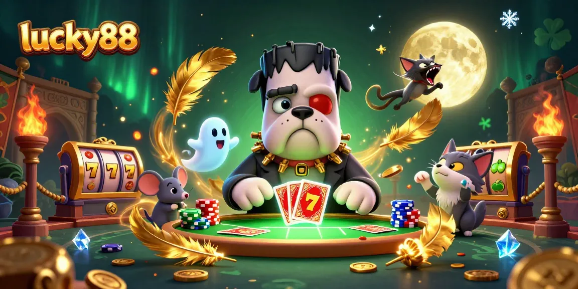 Engage with lucky88 as a Frankenstein bulldog deals cards in a vibrant casino scene.