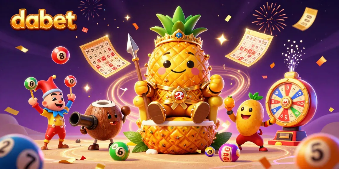 Dabet players winning big in a vibrant casino scene with a lively pineapple king and colorful lottery elements.
