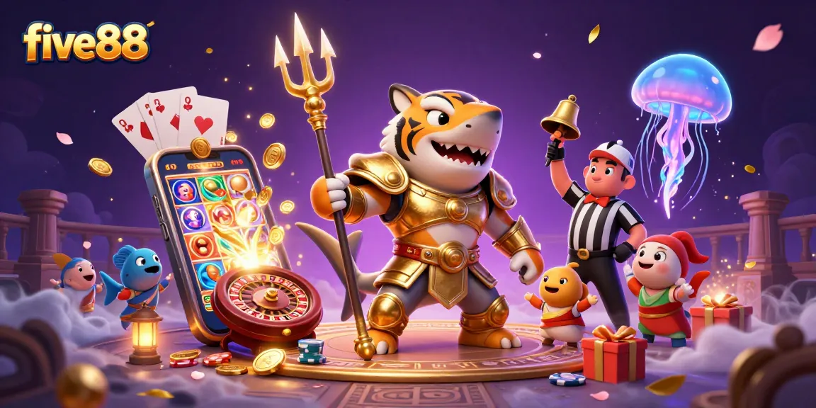 Experience thrilling gameplay at five88 with a shark gladiator in a vibrant casino scene.