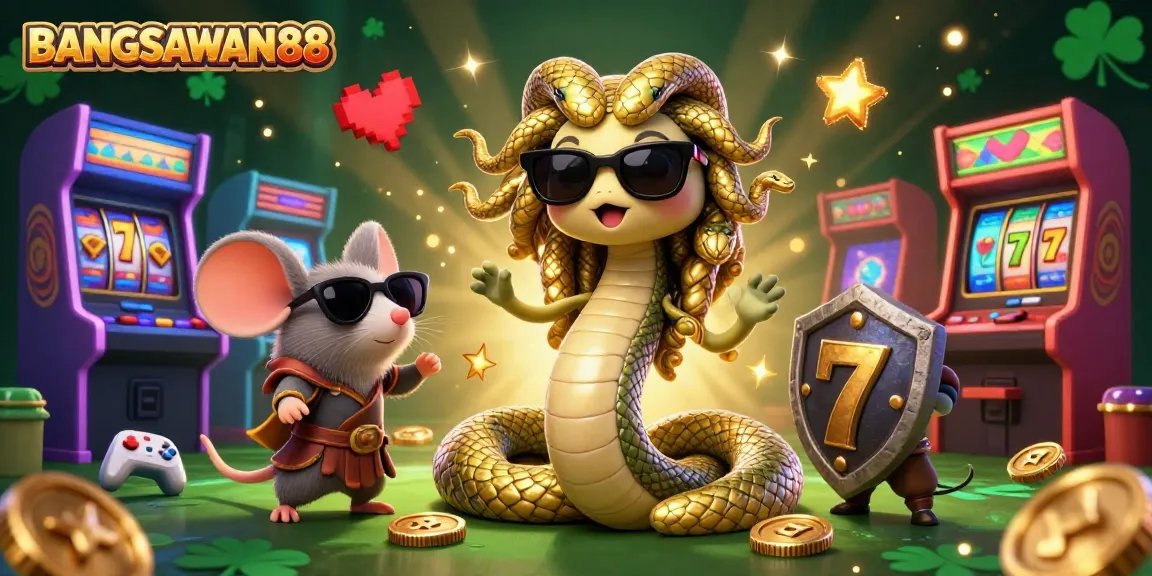 BANGSAWAN88 showcases a vibrant casino scene with Medusa and a warrior mouse, highlighting slots and gaming elements.
