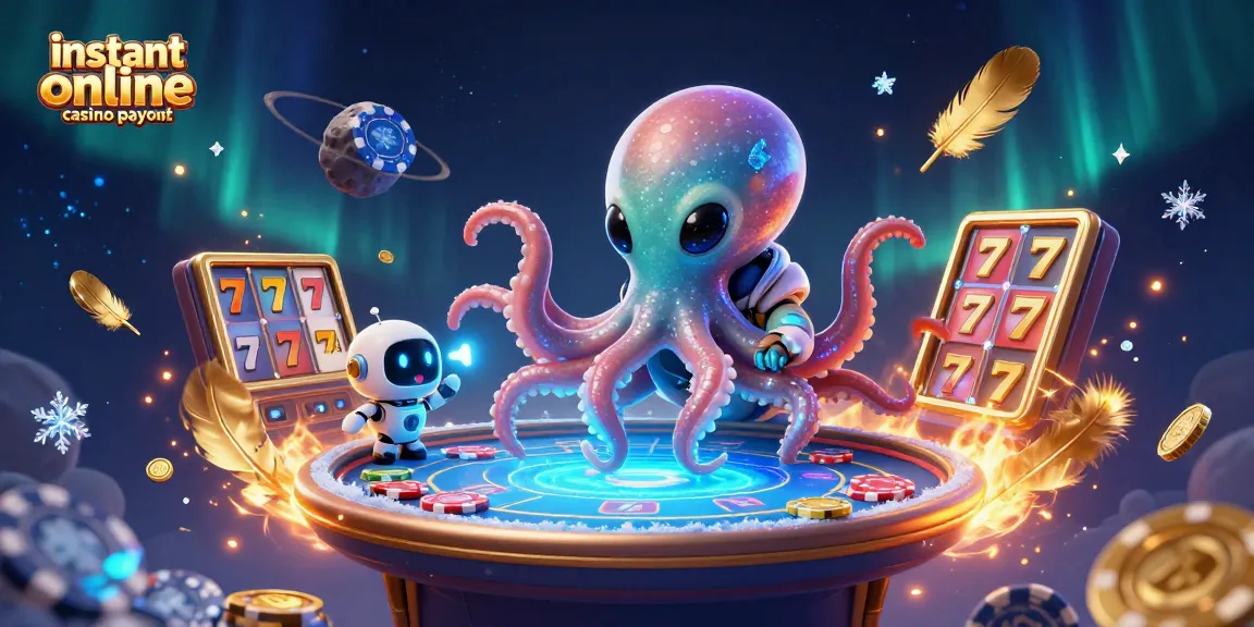 Experience instant online casino payout with a whimsical alien octopus at a holographic poker table in a vibrant, dynamic scene.