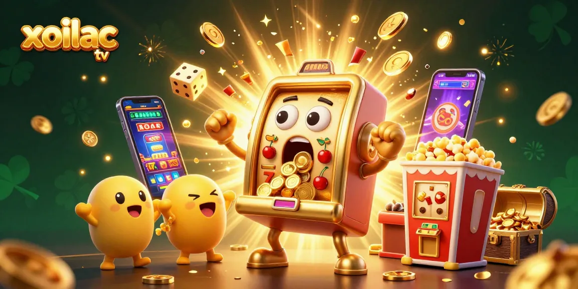 Xoilac TV slots illustration featuring a golden slot machine hitting a jackpot with coins pouring out