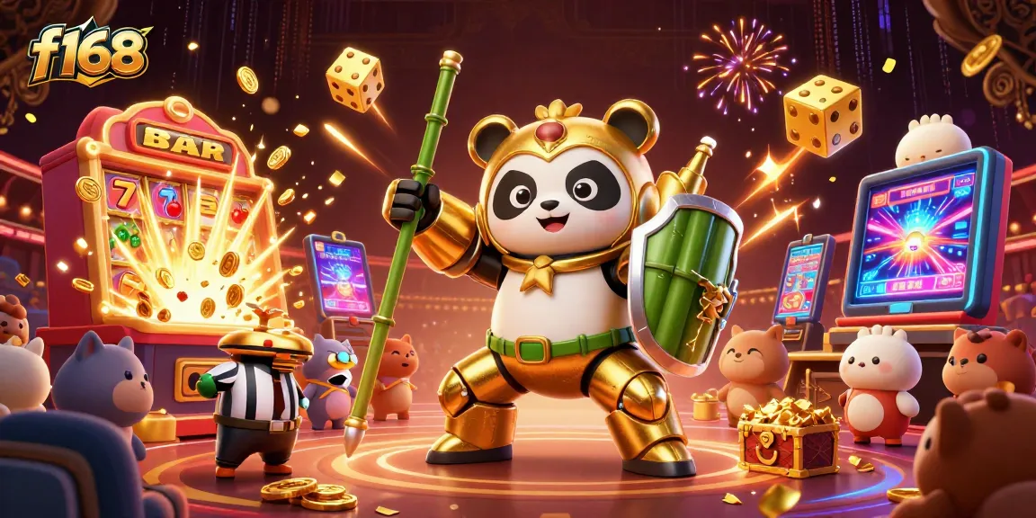Engage in electrifying gameplay at f168 with a dynamic casino scene featuring a golden panda in action.