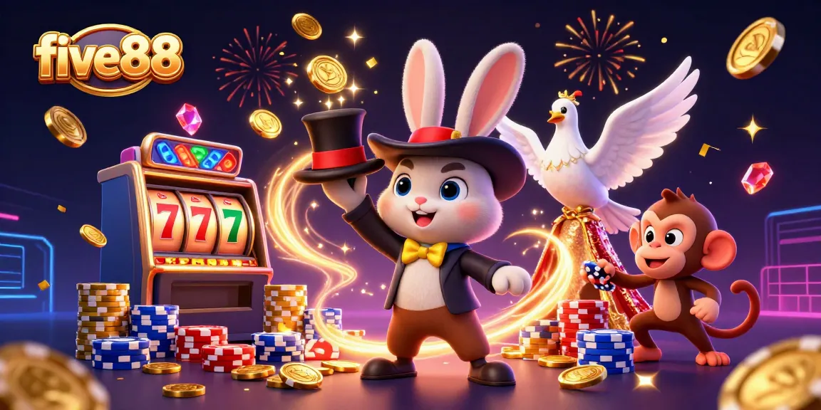 Watch the five88 magician rabbit conjure coins and excitement in an entertaining casino scene.