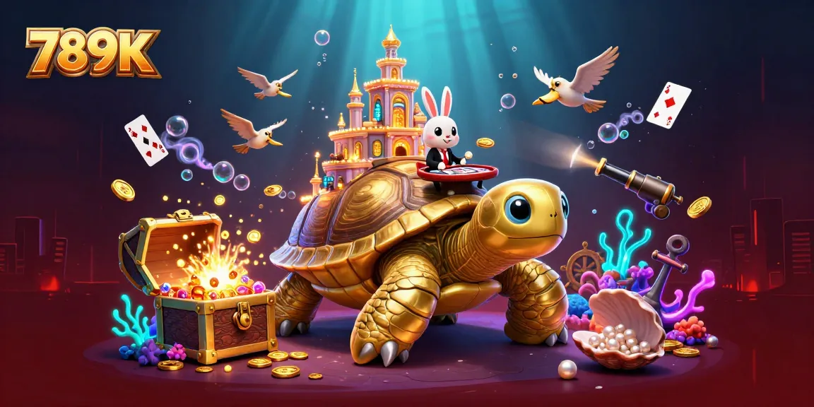 Win big at 789K with a lively casino scene featuring a turtle palace and floating coins.