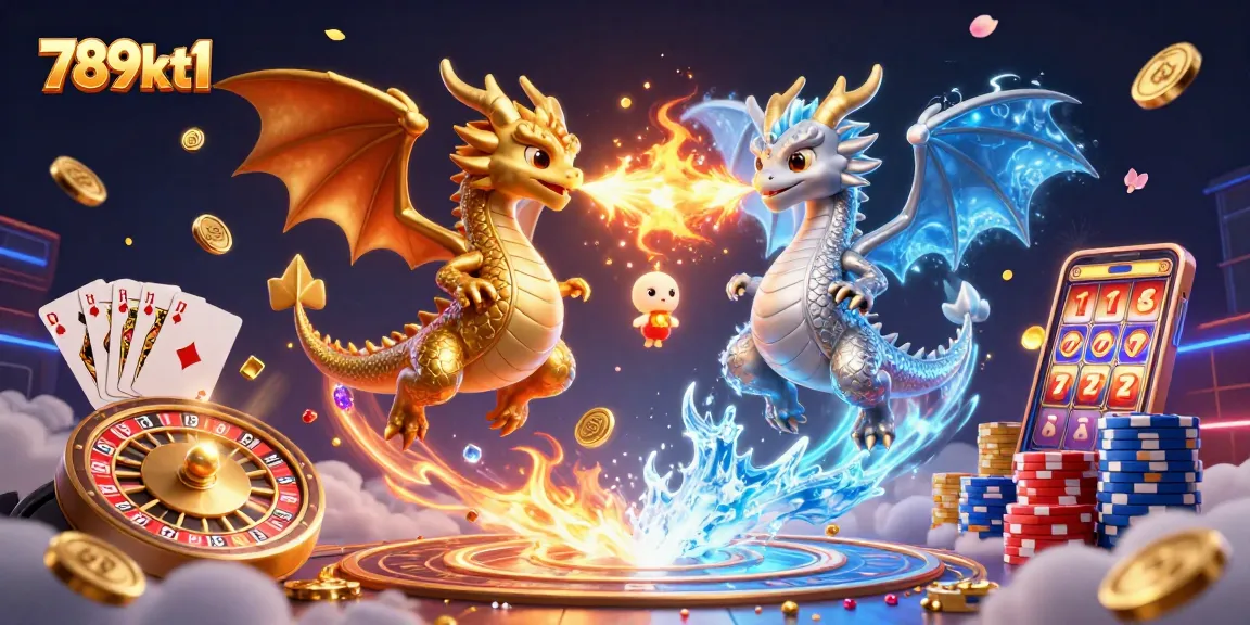 Experience thrill and fun with 789kt1 as gold and silver dragons intertwine amidst cascading coins and vibrant casino elements.