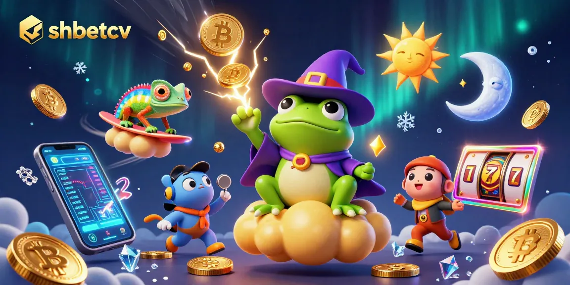 Join the fun at SHBETCV as the wizard frog showers golden coins amidst a rainbow chameleon in a vibrant casino scene.