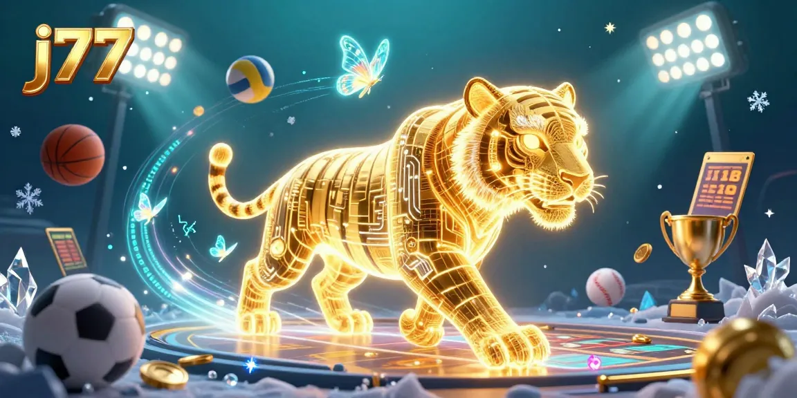 Experience thrilling gaming action on j77 with a neon-wireframe golden tiger among flying sports elements.
