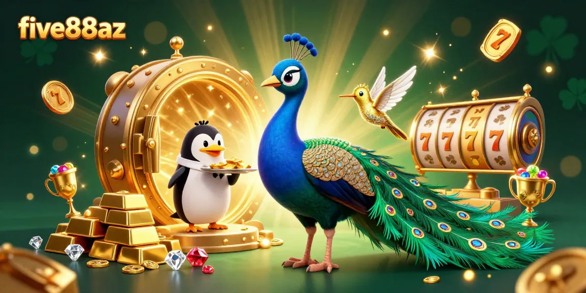 Experience the charm of five88az with a dazzling peacock, golden chips, and casino elements in a vibrant scene.