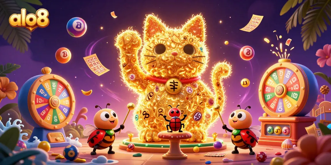 Experience the vibrant world of alo8 with a lucky cat and dynamic lottery elements.