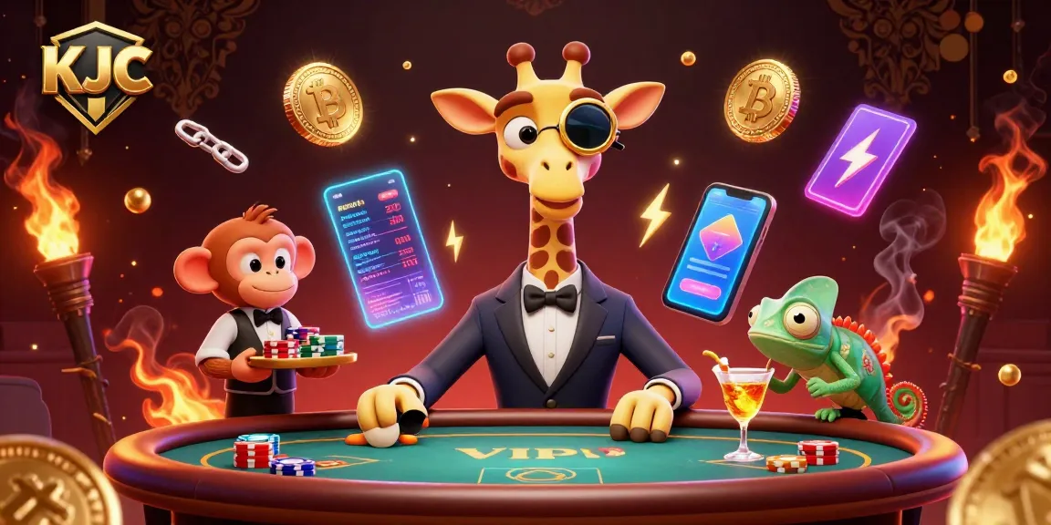 KJC showcases a high-roller giraffe, monkey valet, and chameleon bartender in a vibrant casino scene