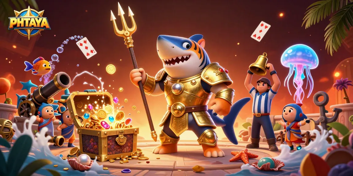 PHTAYA showcases an epic underwater casino battle with a tiger shark amidst treasure, playing cards, and vibrant sea life.