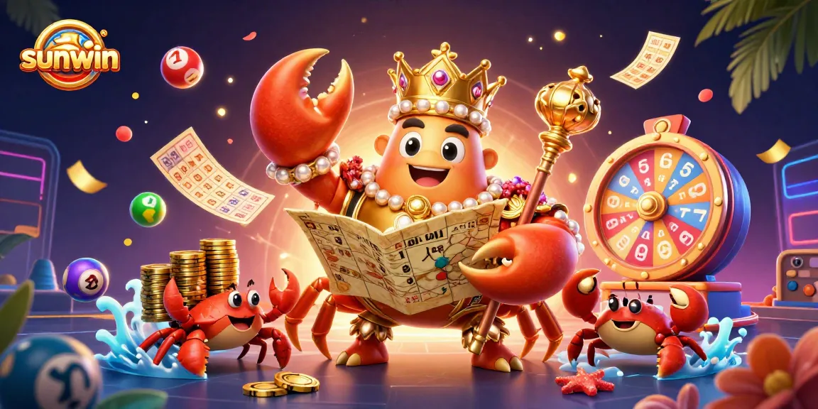 Experience the excitement of sunwin with a 3D animated crab emperor and casino game elements.